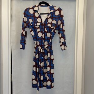 J. McLaughlin Blue and Brown Geometric Dress S